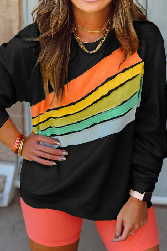 Black Rainbow Raglan Sleeve Crew Neck Plus Size Sweatshirt