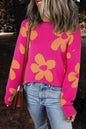 Rose Big Flower Pattern Mock Neck Long Sleeve Sweater