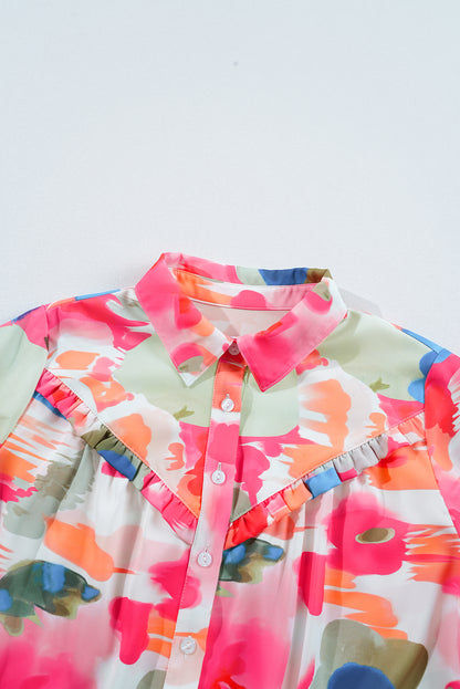 Rose Abstract Print Ruffled Puff Sleeve Shirt