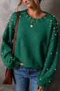 Evergreen Pearled Drop Shoulder Round Neck Sweater