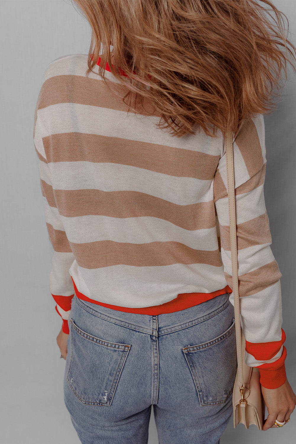 Apricot Colorblock Striped Round Neck Drop Shoulder Sweater