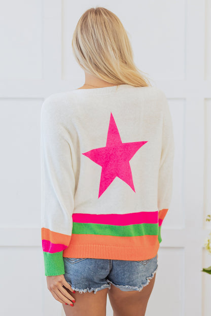 White Star Pattern Colorblock Striped Edge Drop Shoulder Sweater