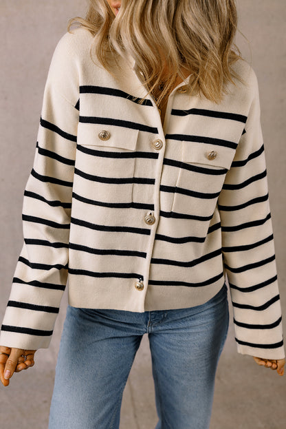 Black Stripe Flap Pocket Buttoned Cardigan Sweater