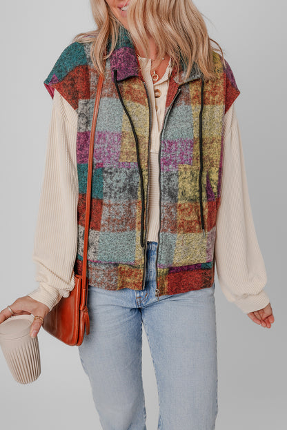 Multicolor Plaid Print Side Pockets Zipped Loose Vest