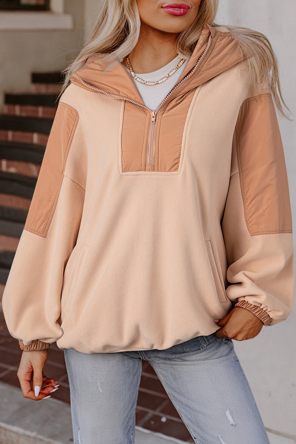 Pink Colorblock Patchwork Half Zip Oversized Sherpa Hoodie