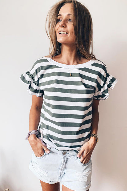 Sea Green Striped V Neck Ruffle Sleeve Top