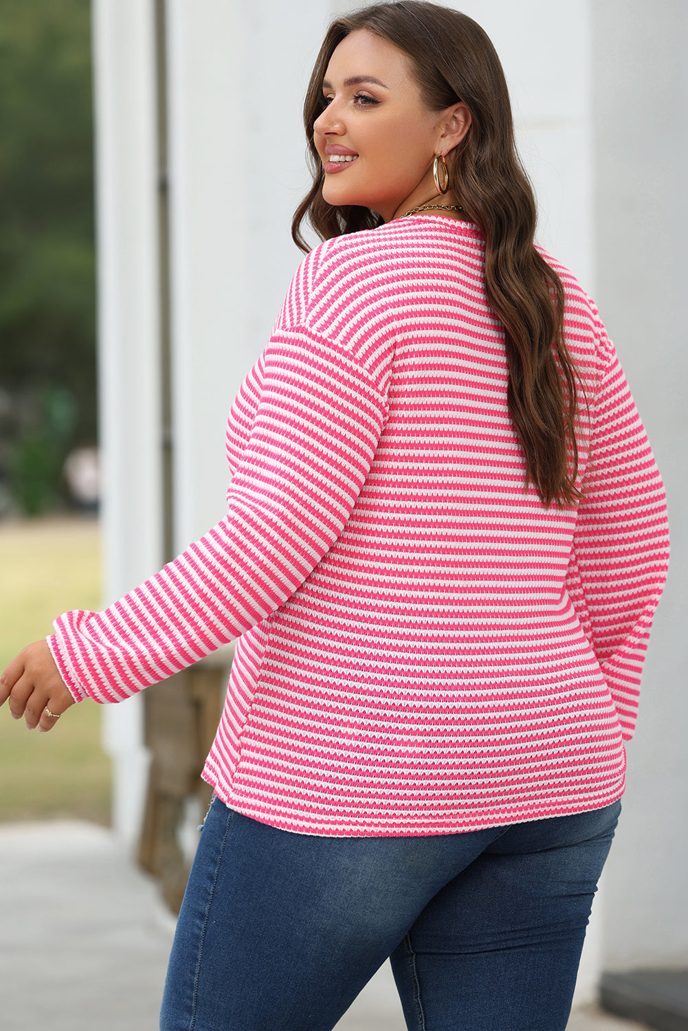 Rose Stripe Round Neck Drop Shoulder Long Sleeve Top