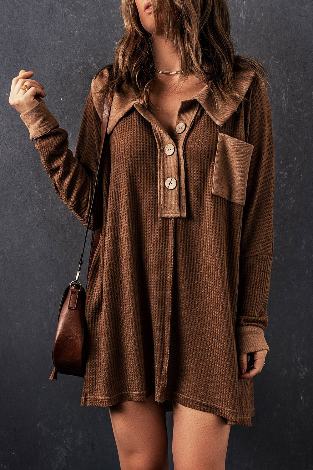 Brown Waffle Knit Buttoned Long Sleeve Top