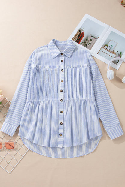 Sky Blue Stripe Ruffled Button up Long Sleeve Shirt