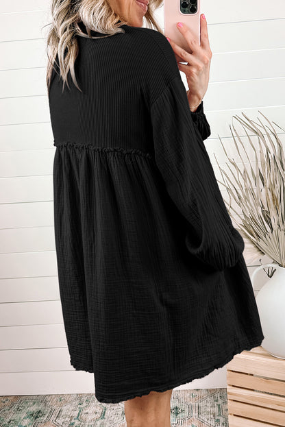 Black Patchwork Crinkle Puff Sleeve Shirt Dress