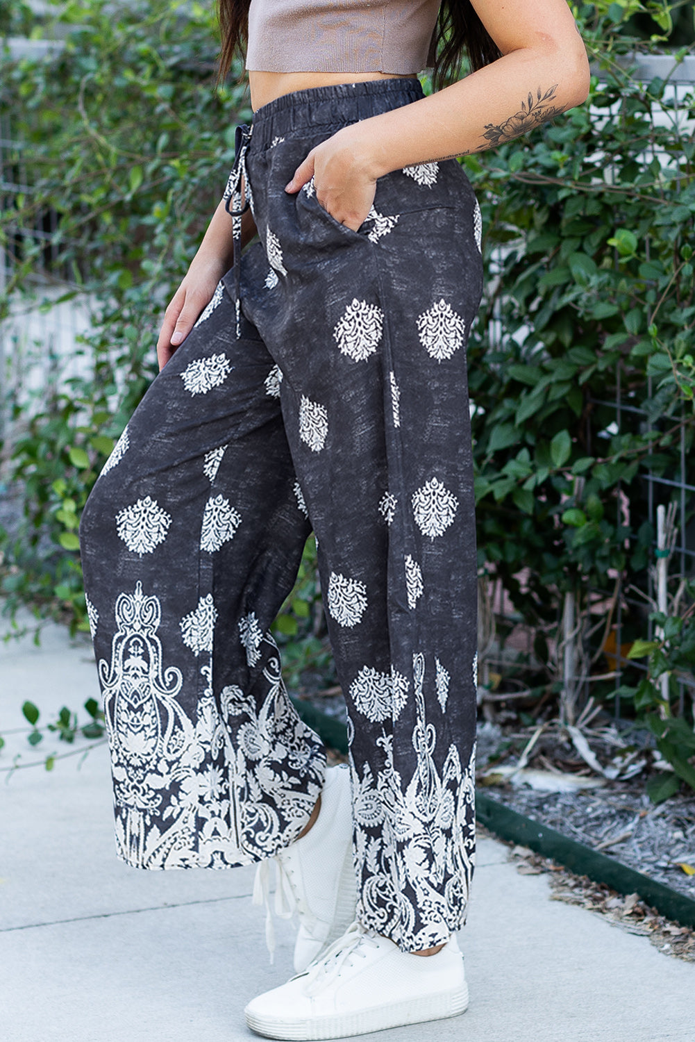 Black Bohemian Printed Drawstring Waist Wide Leg Pants