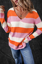 Orange Stripe Colorblock V Neck Casual Sweater