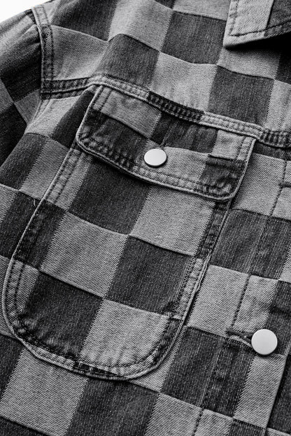 Black Checkered Patchwork Button up Denim Jacket