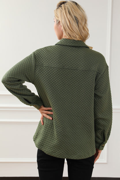 Green Retro Quilted Flap Pocket Button Shacket