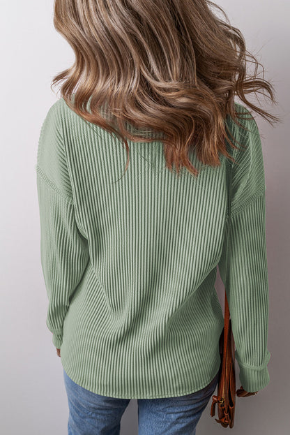 Clearly Aqua Solid Color Corded Drop Shoulder Long Sleeve Top