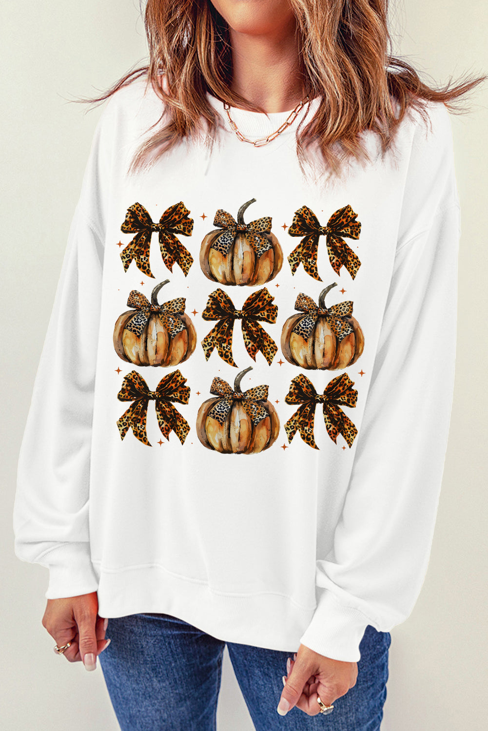 Beige Pumpkin Leopard Bow Knot Print Pullover Sweatshirt