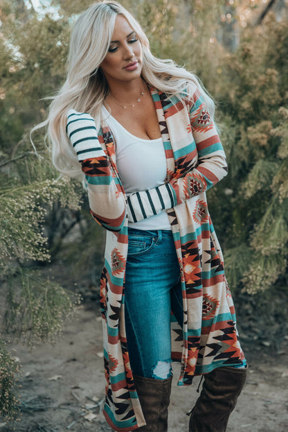 Multicolor Geometric Color Block Open Front Long Cardigan