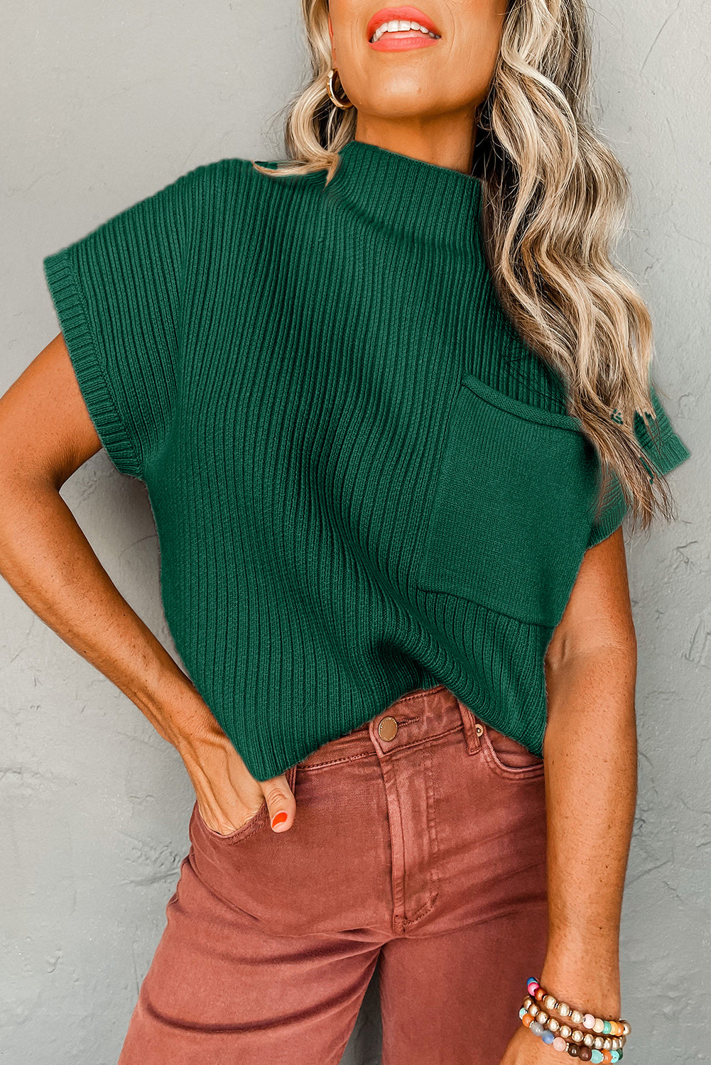 Blackish Green Patch Pocket Ribbed Knit Short Sleeve Sweater