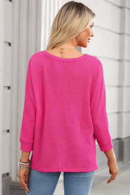 Rose Red Textured Center Seam Long Sleeve Split Top