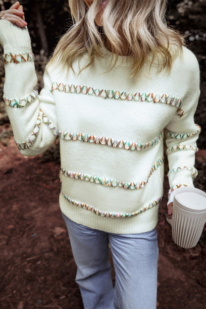 White Colorful Crossed Stitch Drop Shoulder Sweater