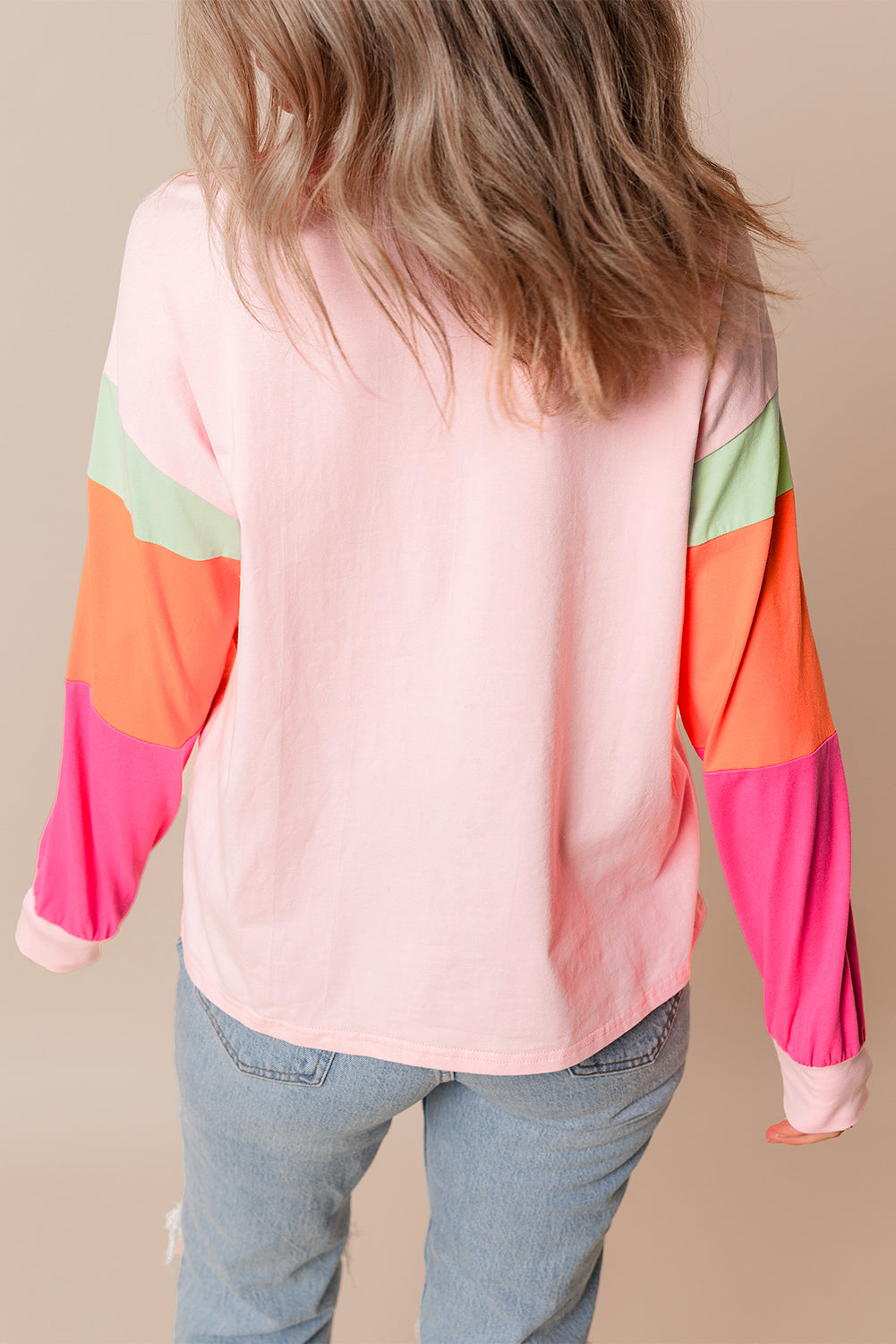 Pink Colorblock Patchwork Long Sleeve Loose Top