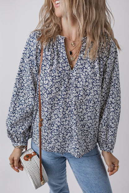 Blue Floral Print Notched V Neck Puff Sleeve Blouse