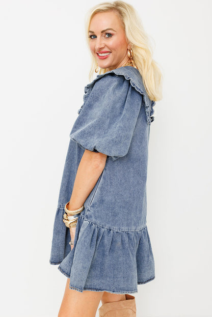 Dusk Blue Ruffled Collared Side Pockets Puff Sleeve Denim Mini Dress