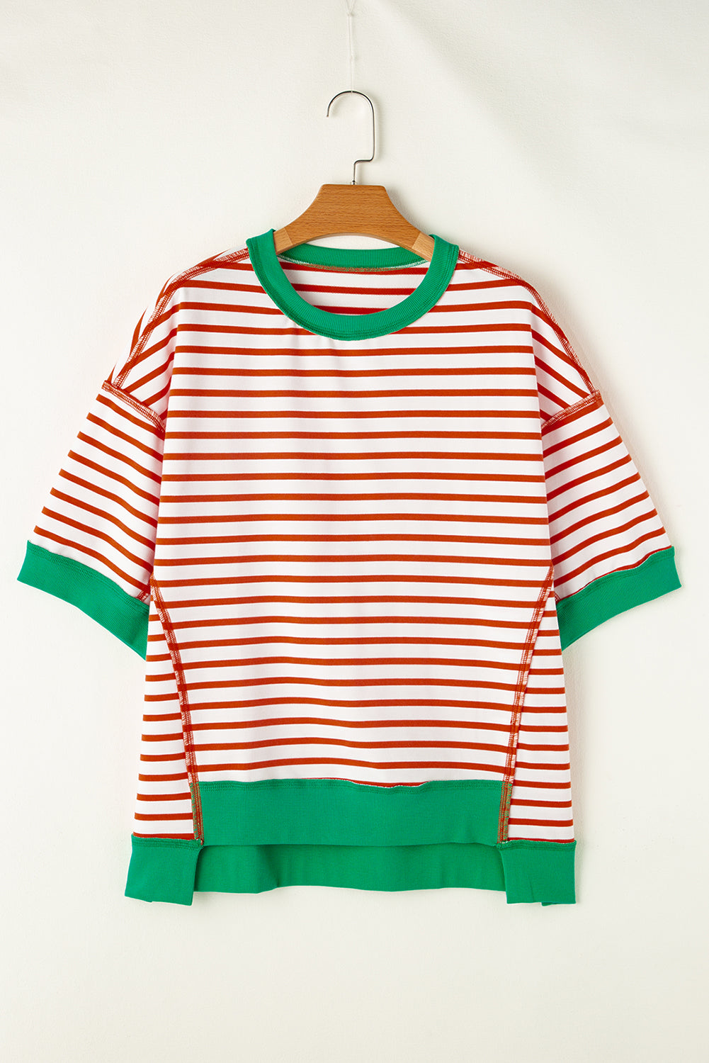 Orange Stripe Oversized Contrast Trim Exposed Seam High Low T Shirt