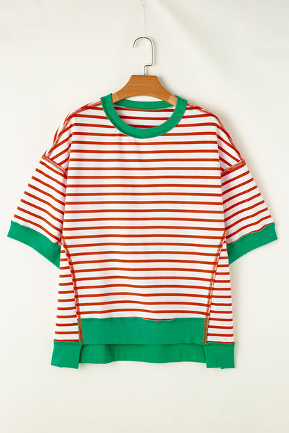 Orange Stripe Oversized Contrast Trim Exposed Seam High Low T Shirt