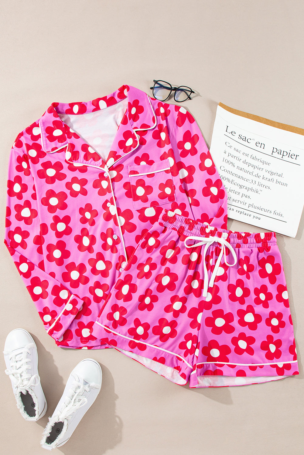 Pink Flower Print Long Sleeve Shirt Shorts Pajamas Set