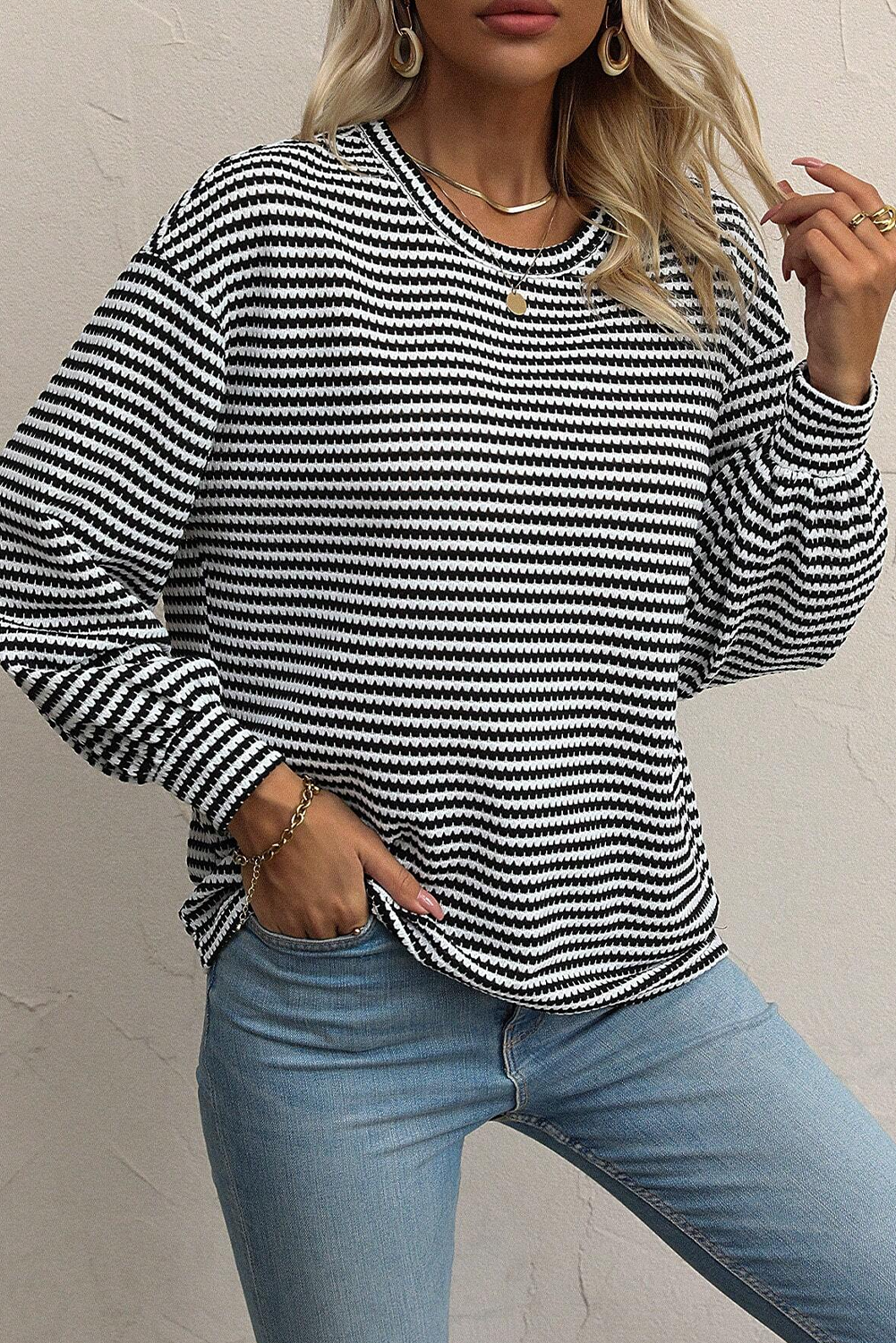 Black Stripe Round Neck Drop Shoulder Long Sleeve Top