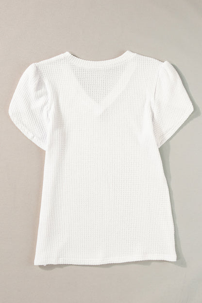 White V Neck Petal Sleeve Waffle Knit T-Shirt