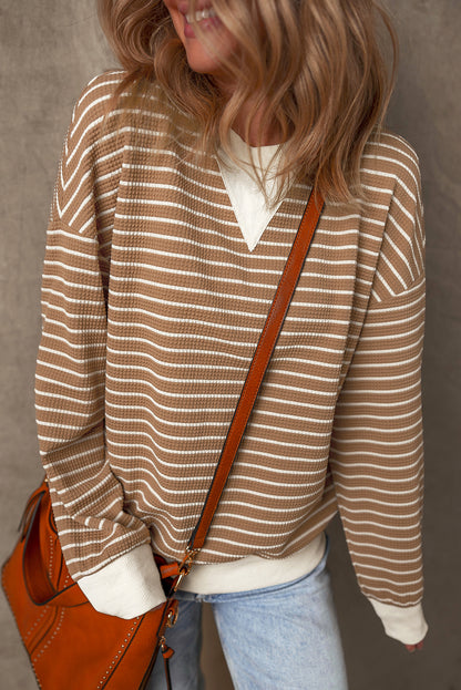 Khaki Stripe Patched Edge Textured Round Neck Long Sleeve Top