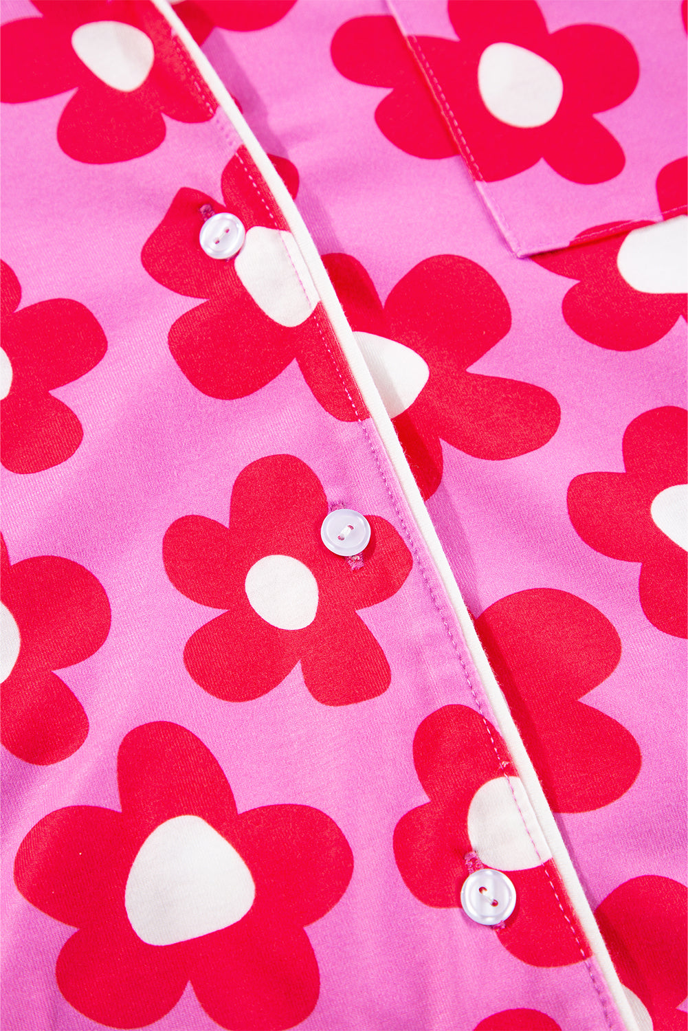 Pink Flower Print Long Sleeve Shirt Shorts Pajamas Set