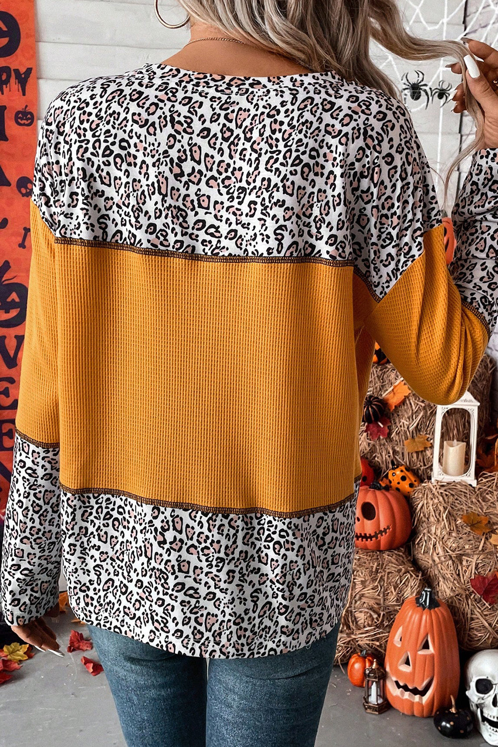 Vitality Orange Leopard Print Waffle Knit Patchwork Top