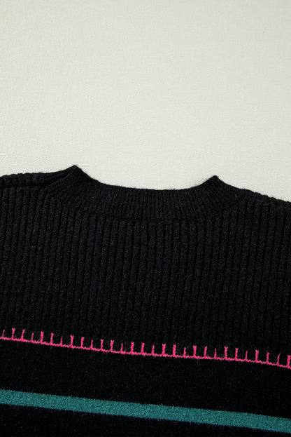 Black Colorful Striped Ribbed Trim Sweater