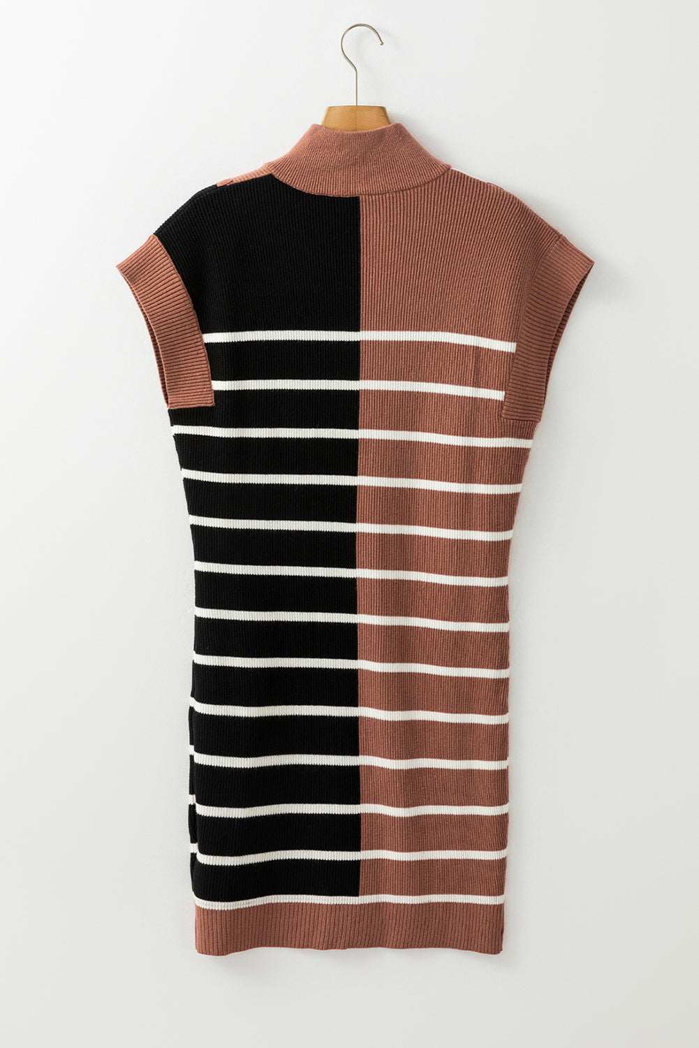 Black Stripe Color Block Quarter Zip Collar Short Sleeve Sweater Dress