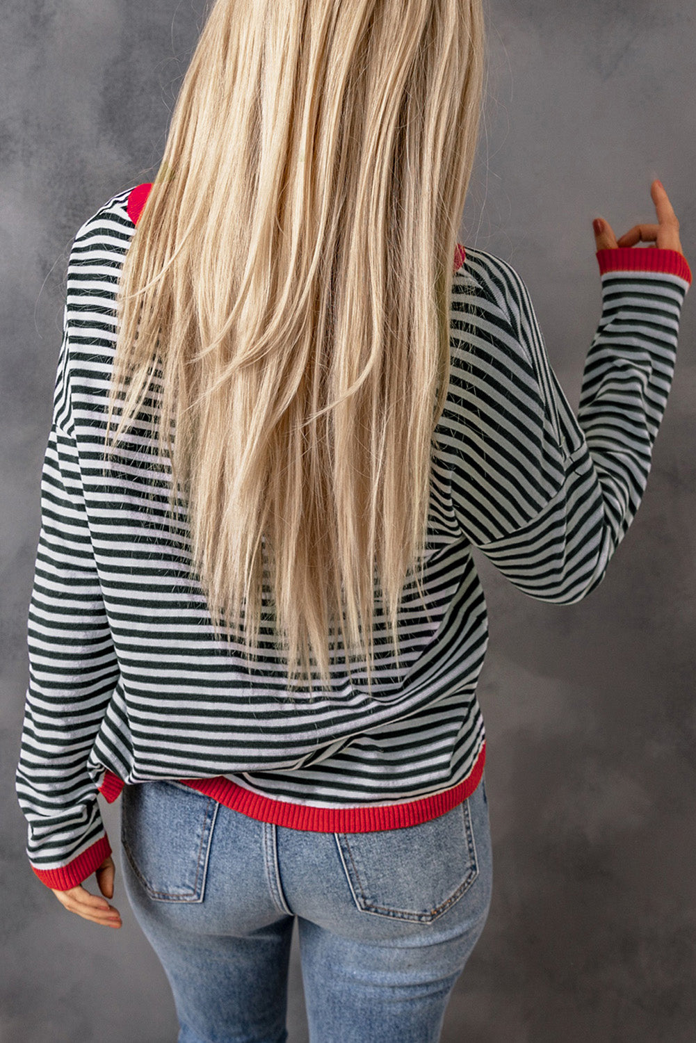 Contrast Trimmed Striped Drop Shoulder Sweater