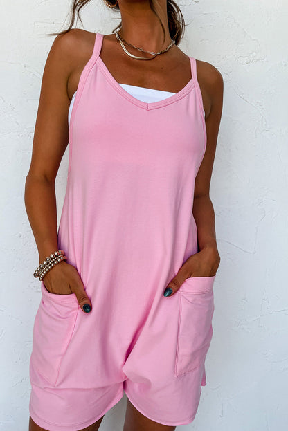 Pink Sleeveless Pocketed V Neck Jersey Romper