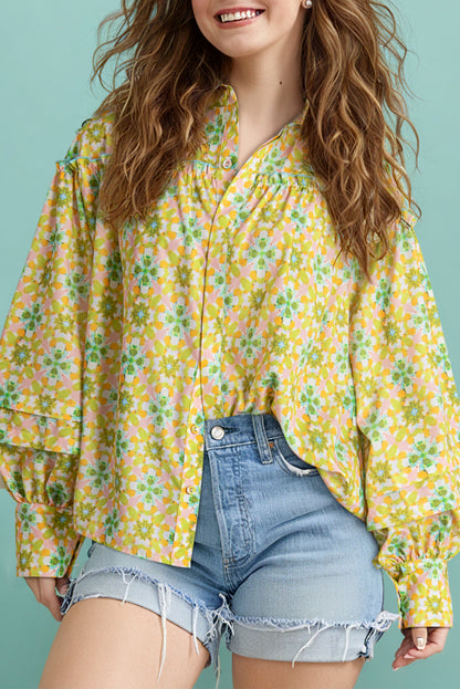 Green Boho Floral Print Frilly Detail Puff Sleeve Shirt