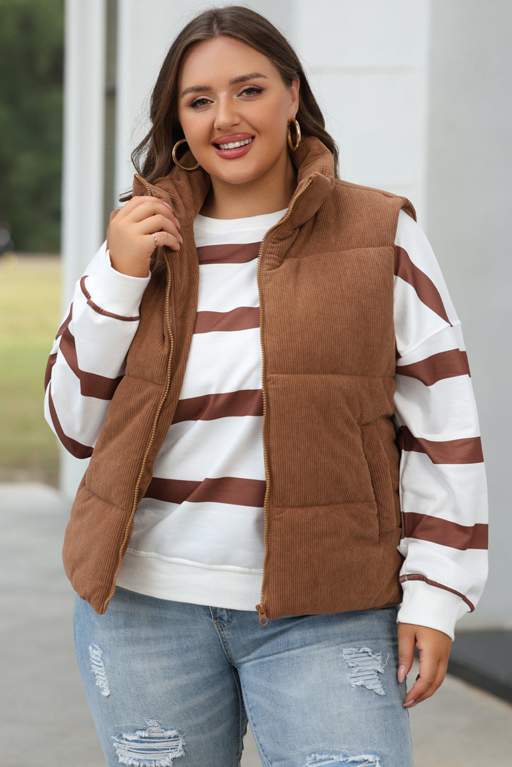 Coffee Corduroy Stand Neck Zipped Puffer Vest