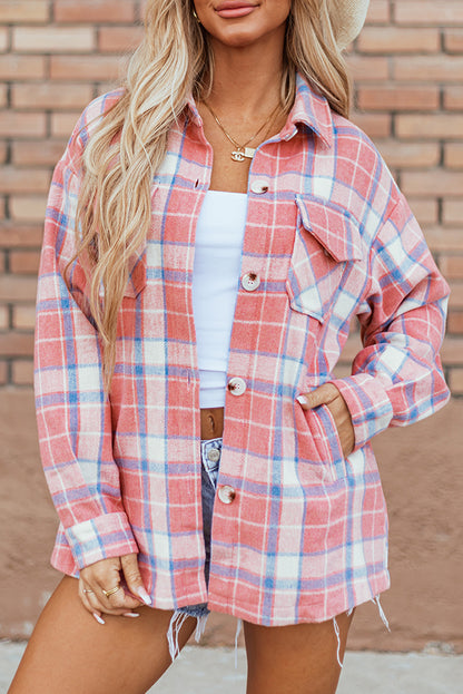 Pink Plaid Flap Pocket Button Up Shacket