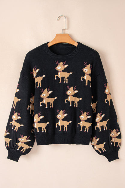 Dark Green Christmas Reindeer Pattern Drop Shoulder Sweater