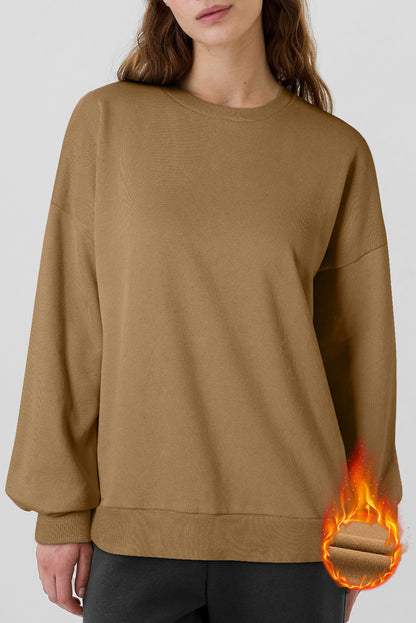 Camel Solid Fleece Lined Drop Shoulder High Low Sweatshirt