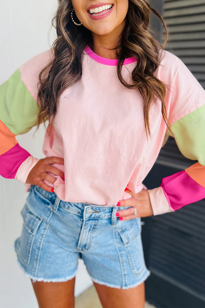 Pink Colorblock Patchwork Long Sleeve Loose Top