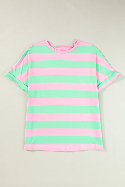 Pink Stripe Colorblock Cuffed Sleeve Loose Tee