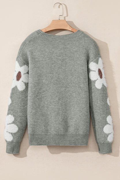 Light Grey Flower Sleeve Drop Shoulder Sweater