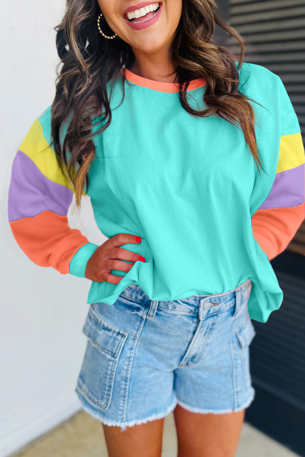 Light Blue Colorblock Patchwork Long Sleeve Loose Top