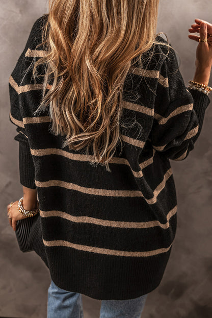 Black Stripe Buttoned V Neck Drop Shoulder Loose Cardigan