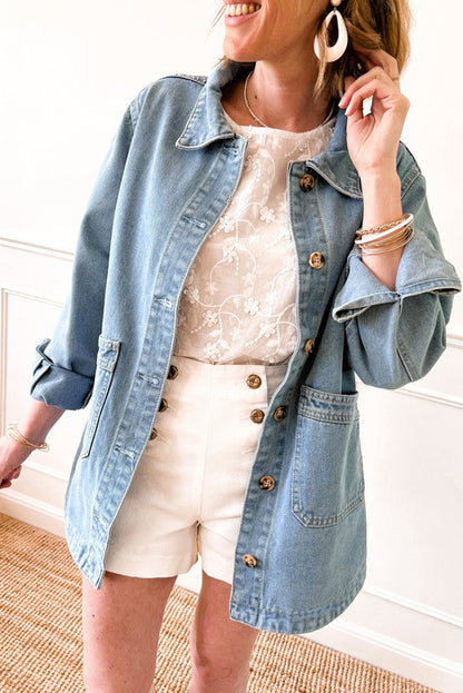 Dusk Blue Slit Buttons Pocketed Denim Jacket